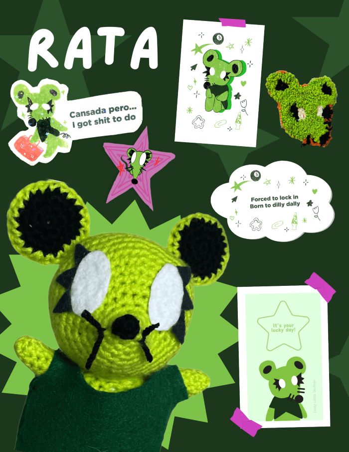 magazine-style poster of rat with goods from shop by Emilia